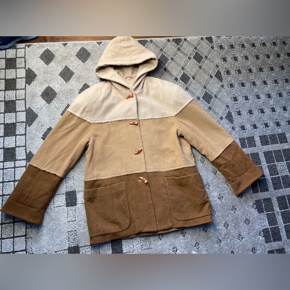 Jagged Border Toggle Button Hooded Coat Cashmere,Wool Nylon Fleece Sz M Brown